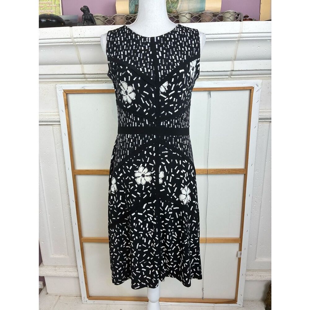 Taylor Chic Black & White Floral Fitted Dress w/ Stretch